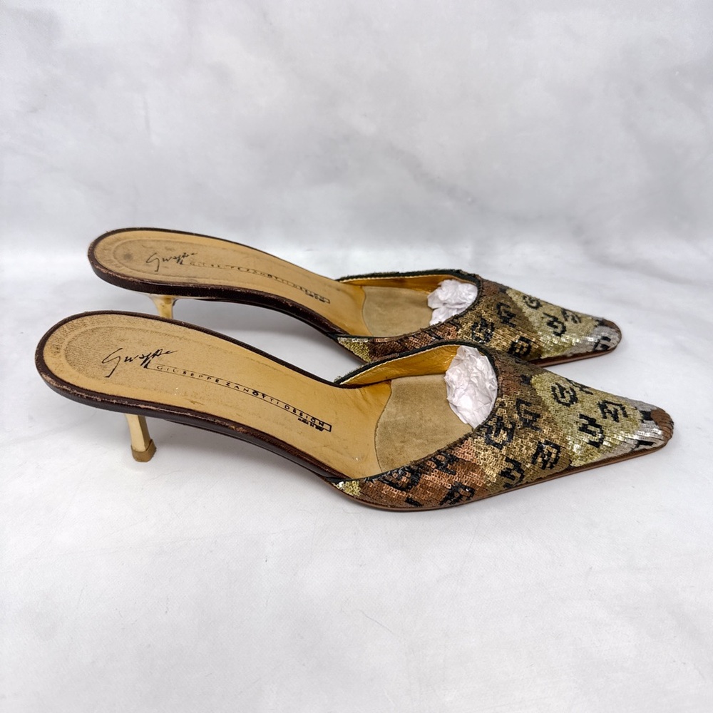 Giuseppe Zanotti Vicini Vintage 90s Y2K Sequin GZ Logo Pointed Kitten Heel Mules